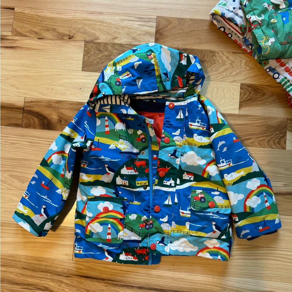 3/4 Baby Boden puffin scene coat and red gilet